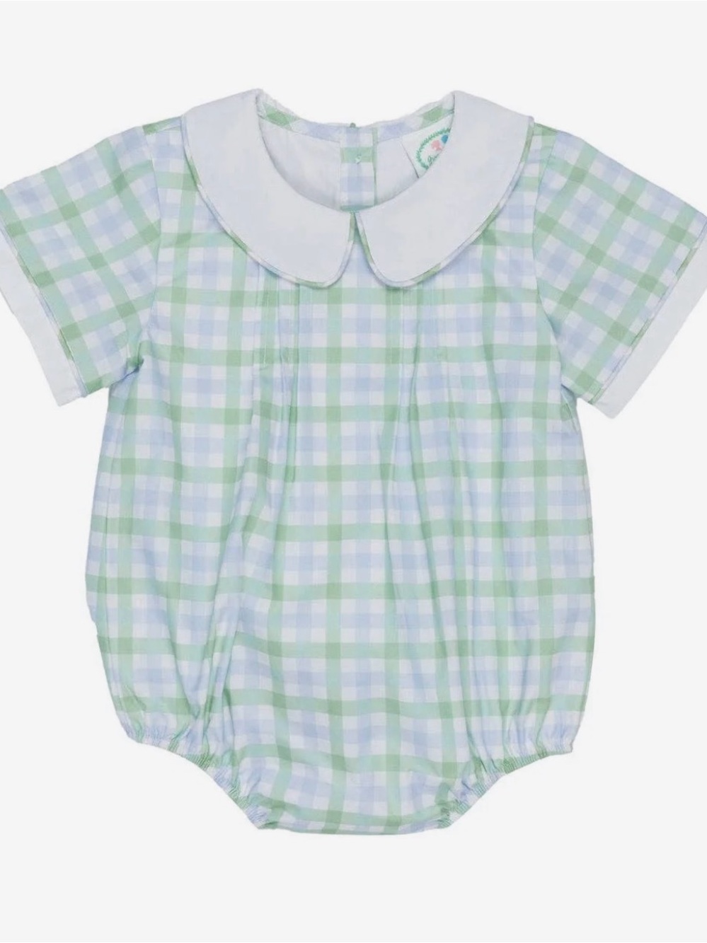 Plaid Bubble Romper with Peter Pan Collar - Light Green & White